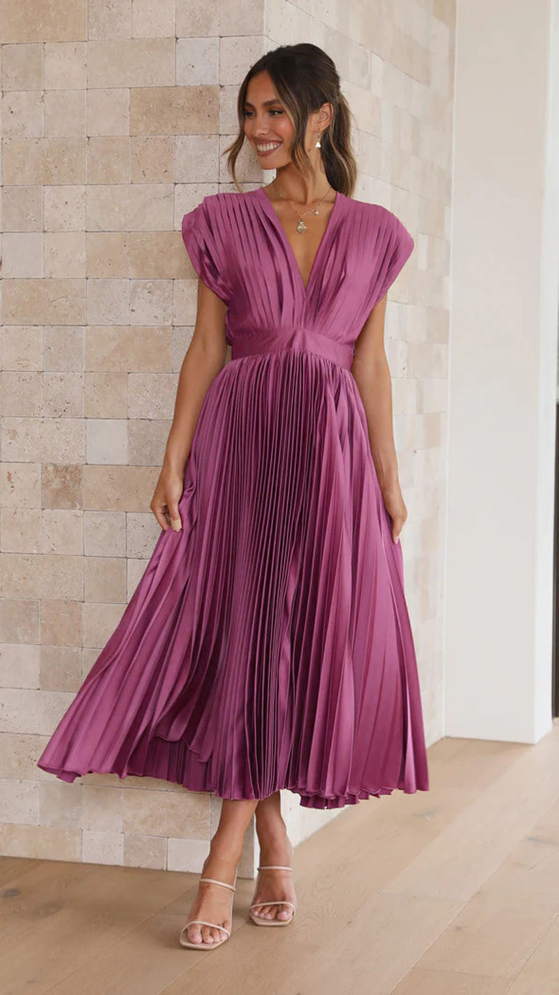 V-Neck Pleated Dress Loose Zip-Up Dress