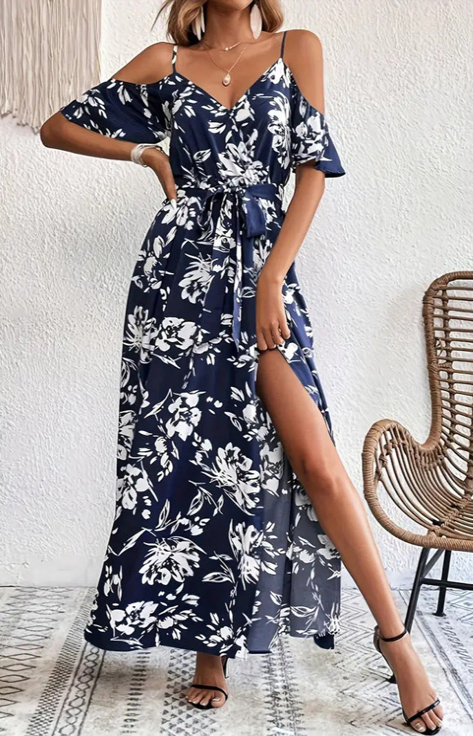 Flower Print Split Suspender Dress Lace-Up Long