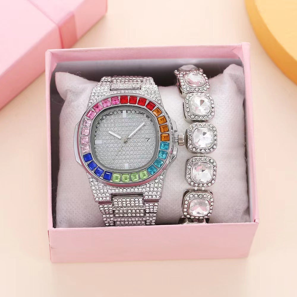 Square Quartz Watch Full Diamond Inlaid Color Stones with Steel Belt Box