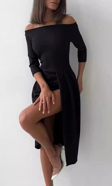Off-Neck Long Sleeve Dress Waist Slit Elegant