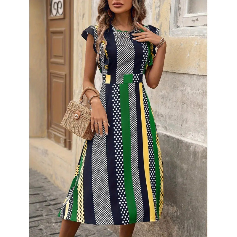 Striped Dress Round Neck Flounced Sleeve