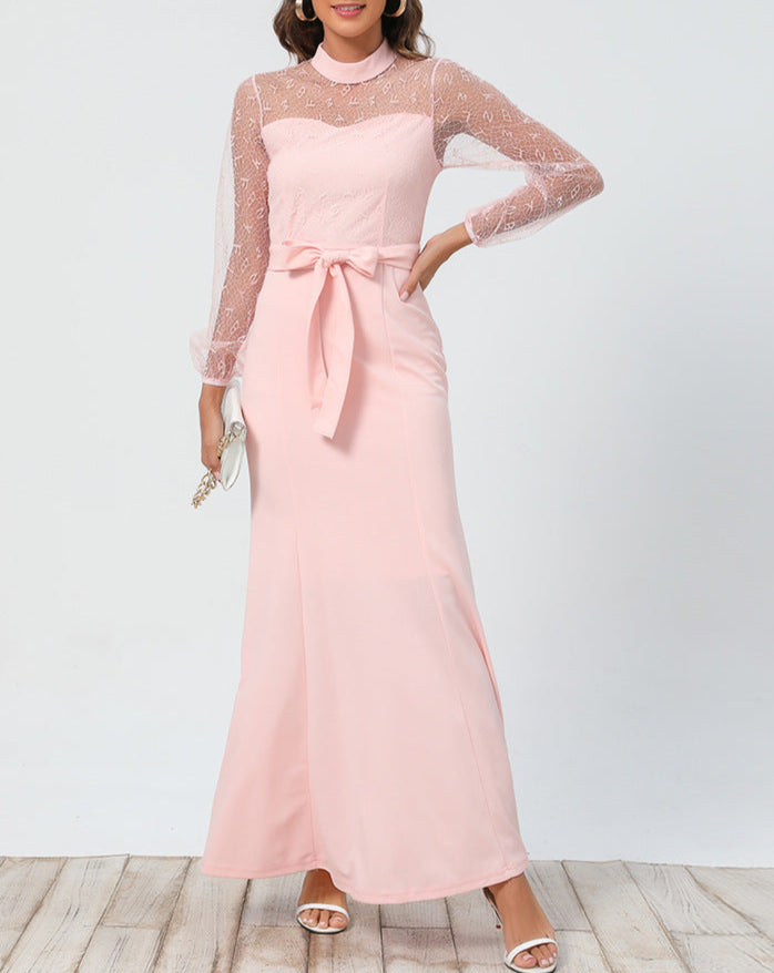 Lace Long Sleeve Dress Round Neck Tie