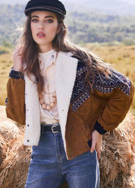 Autumn & Winter Lamb Fur Collar Jacket Stitching Outerwear