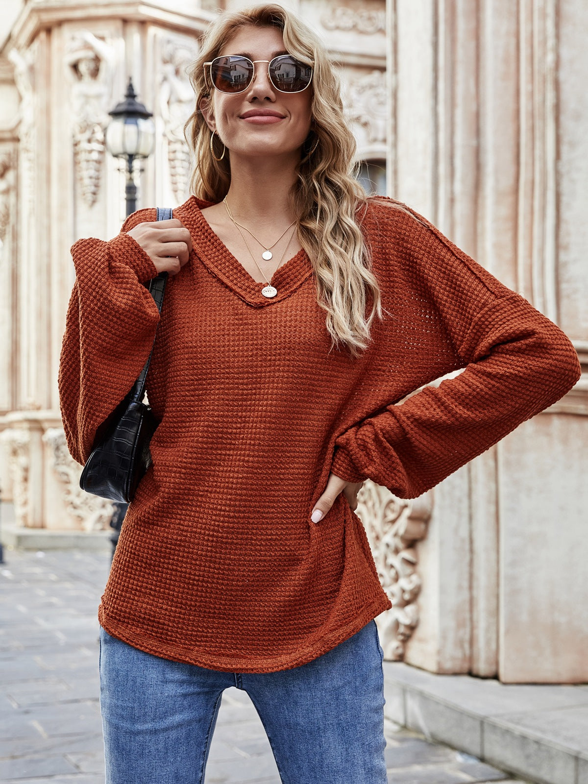 V-Neck Lantern Sleeve Shir Loose Long Sleeve Blouse