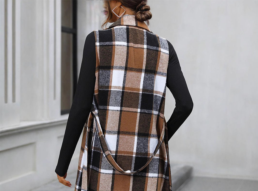 Sleeveless Plaid Vest Lace-Up Waist-Controlled