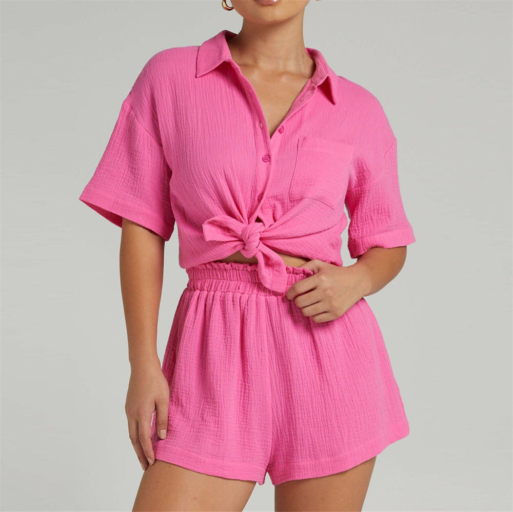 Casual Two-Piece Set – Loose Solid Color Shorts & Shirt Outfit