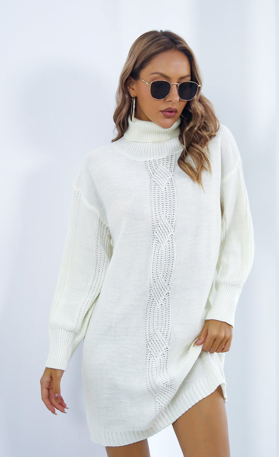 Turtleneck Sweater Dress Twist Knit Lantern Sleeve