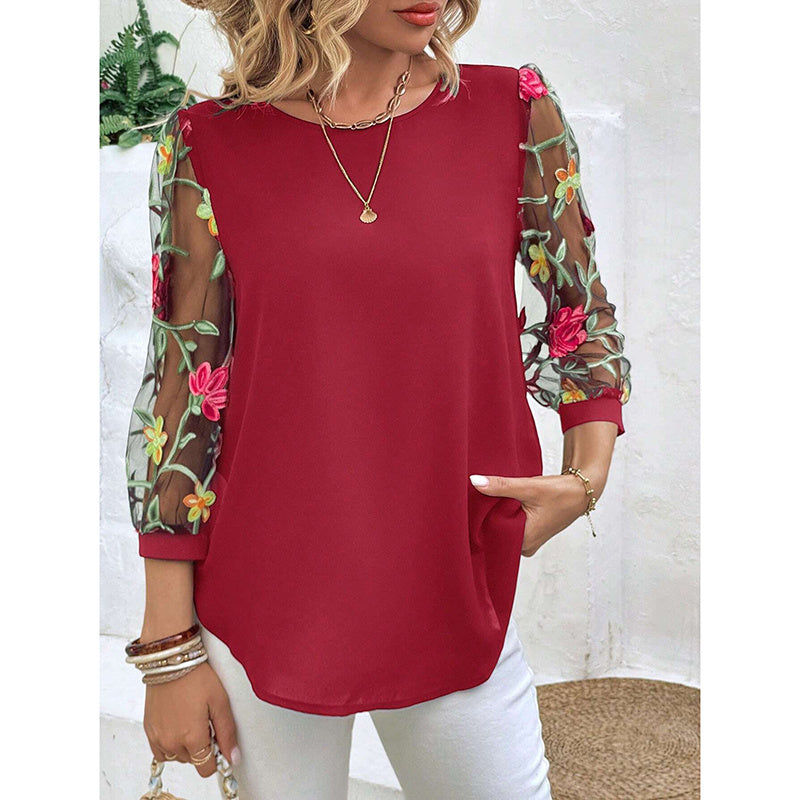Floral Embroidered Sheer Mesh Puff Sleeve Top Boho Crew Neck