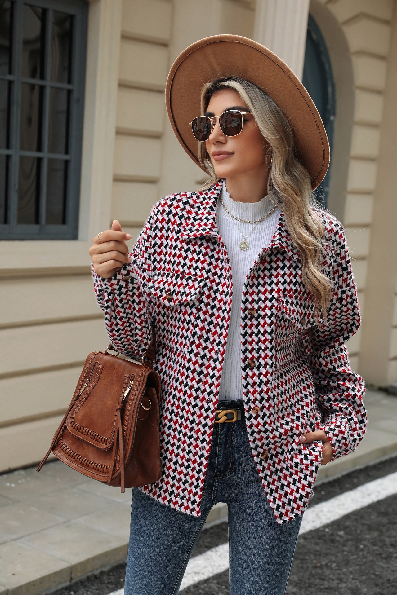 Lapel Plaid Multi-Button Long Sleeve Woolen Loose Fit Winter Jacket