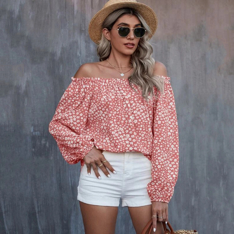 Off-Shoulder Printed Long Sleeve Loose Shirt