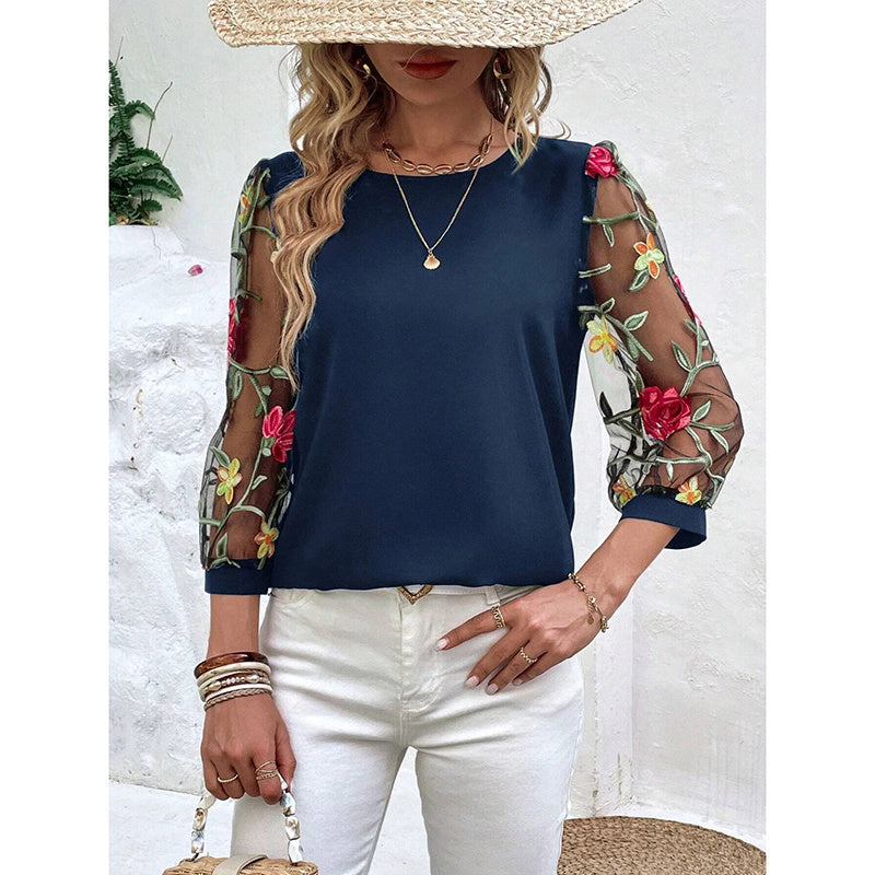 Floral Embroidered Sheer Mesh Puff Sleeve Top Boho Crew Neck