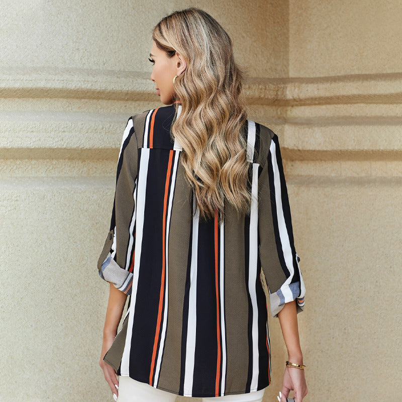 Plus Size Striped Lapel Blouse
