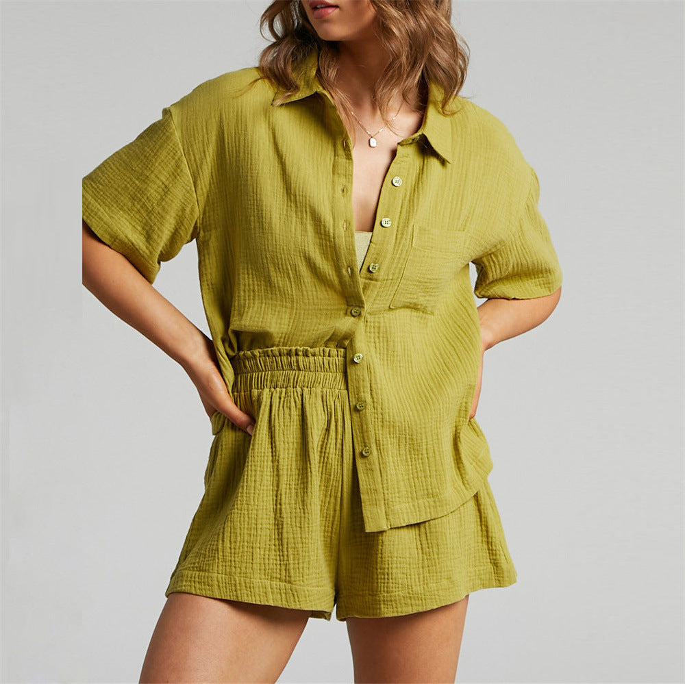 Casual Two-Piece Set – Loose Solid Color Shorts & Shirt Outfit