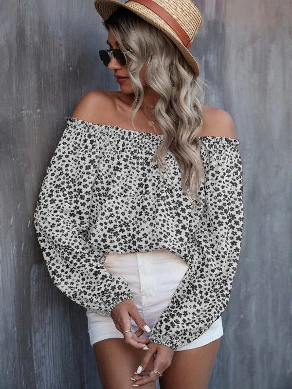 Off-Shoulder Printed Long Sleeve Loose Shirt