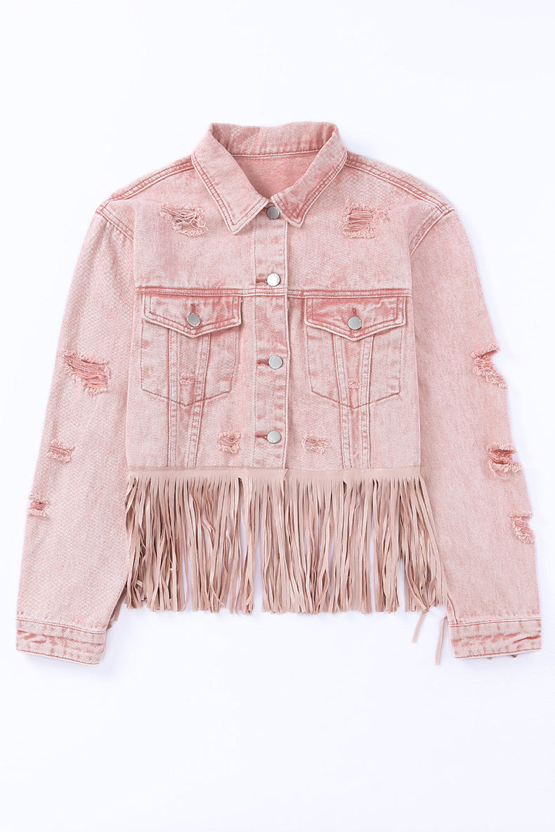 Stand-Up Collar Denim Solid Color with Tassel Stitching