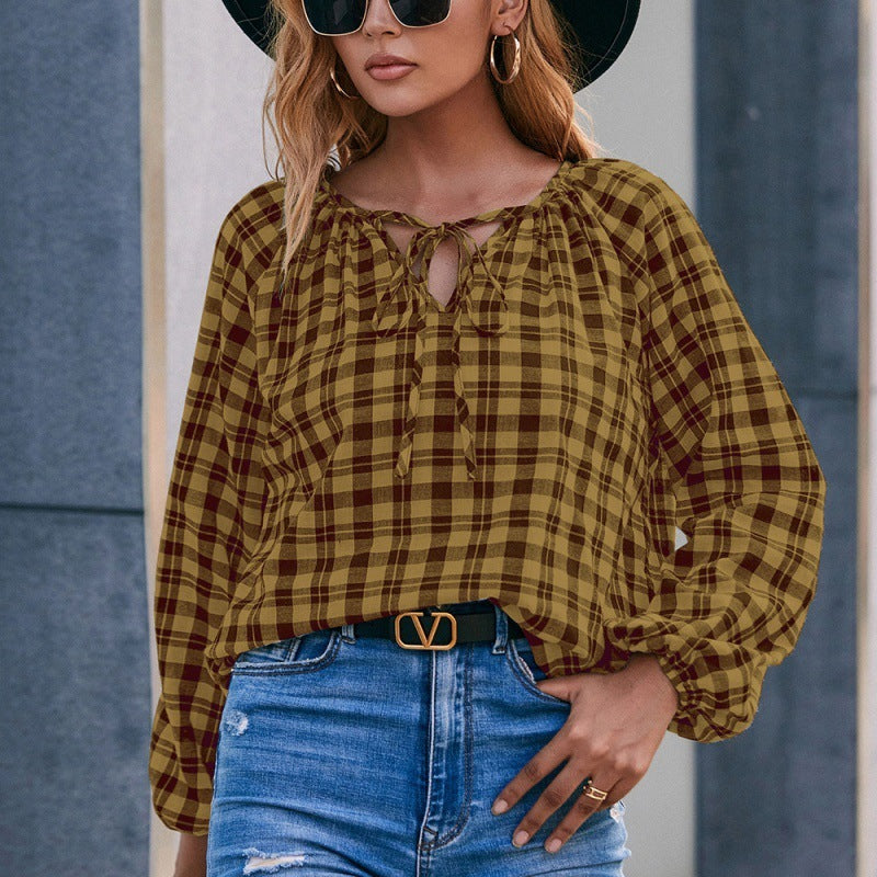 Casual Loose Fit Long-Sleeve Check V-Neck Tie Front Shirt Top