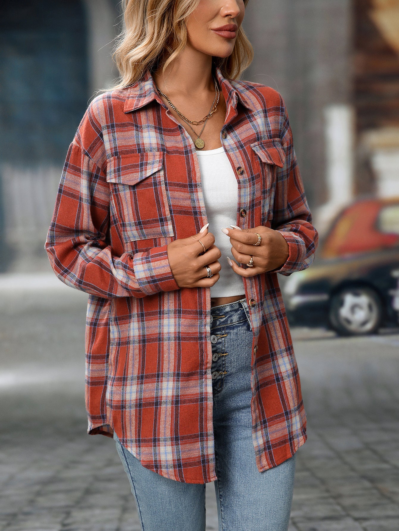 Loose Plaid Shirt Pocket Button