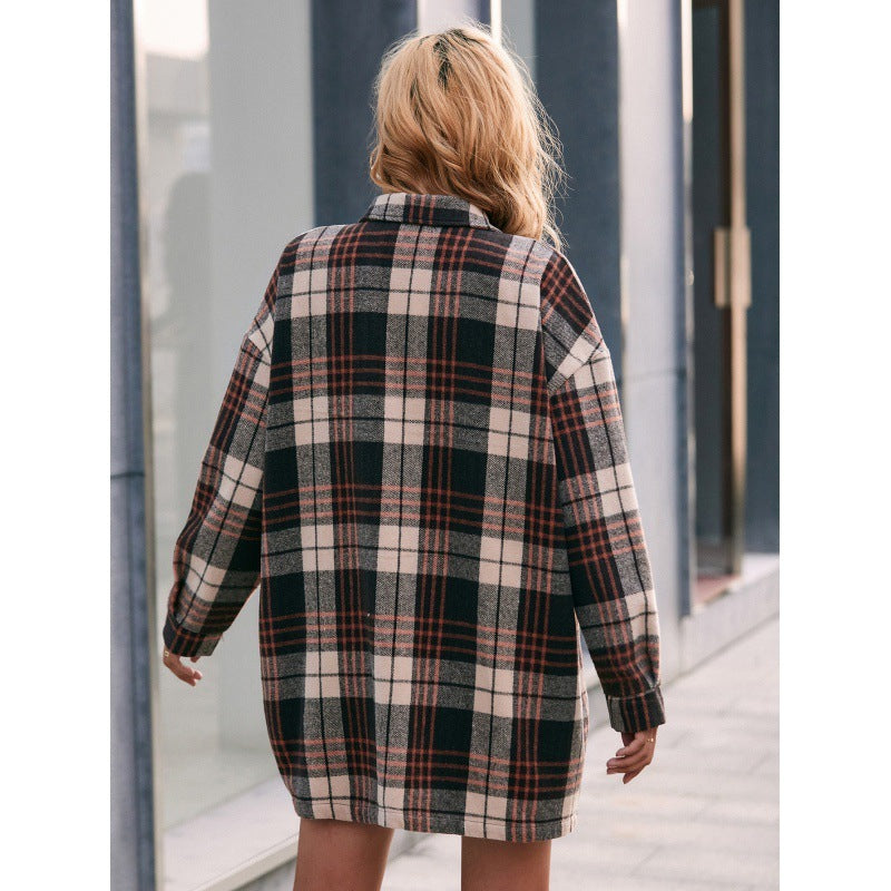 Plaid Single-Breasted Trench Coat Mid-Length Shirt Jacket
