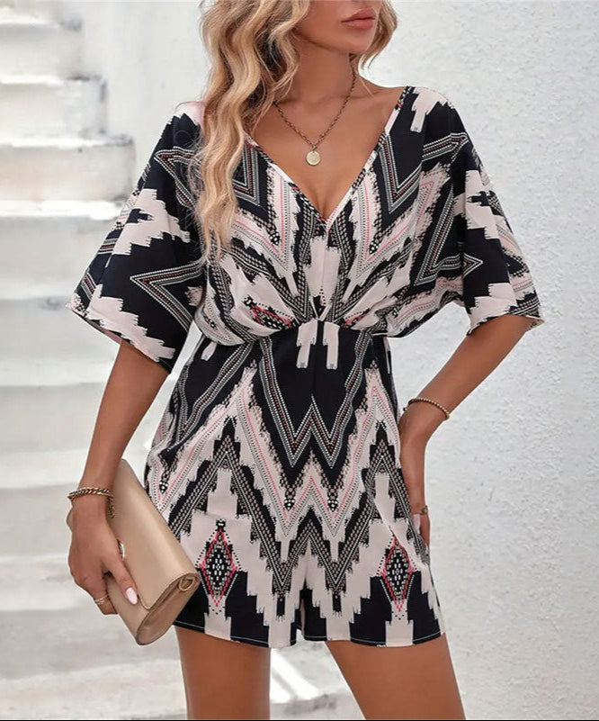V-Neck Jumpsuit Loose One-Piece with Short Sleeves