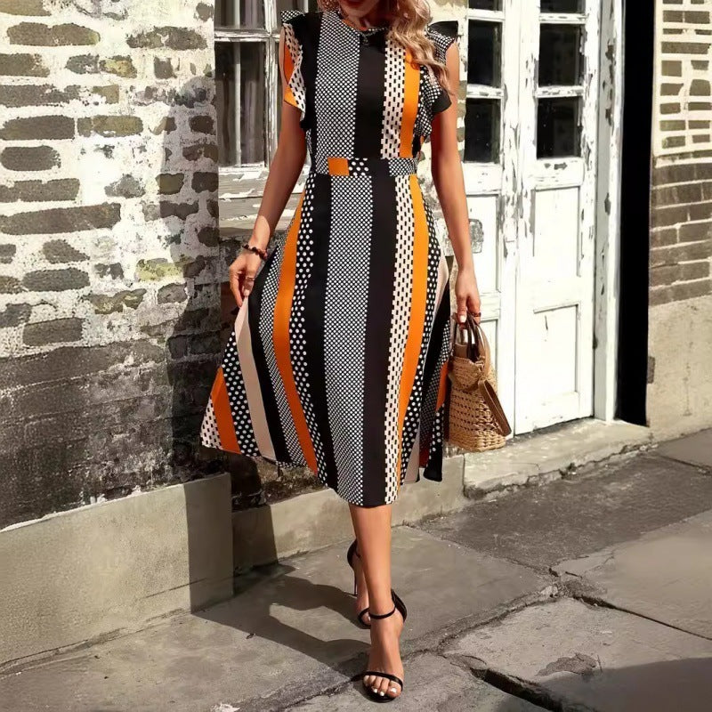 Striped Dress Round Neck Flounced Sleeve