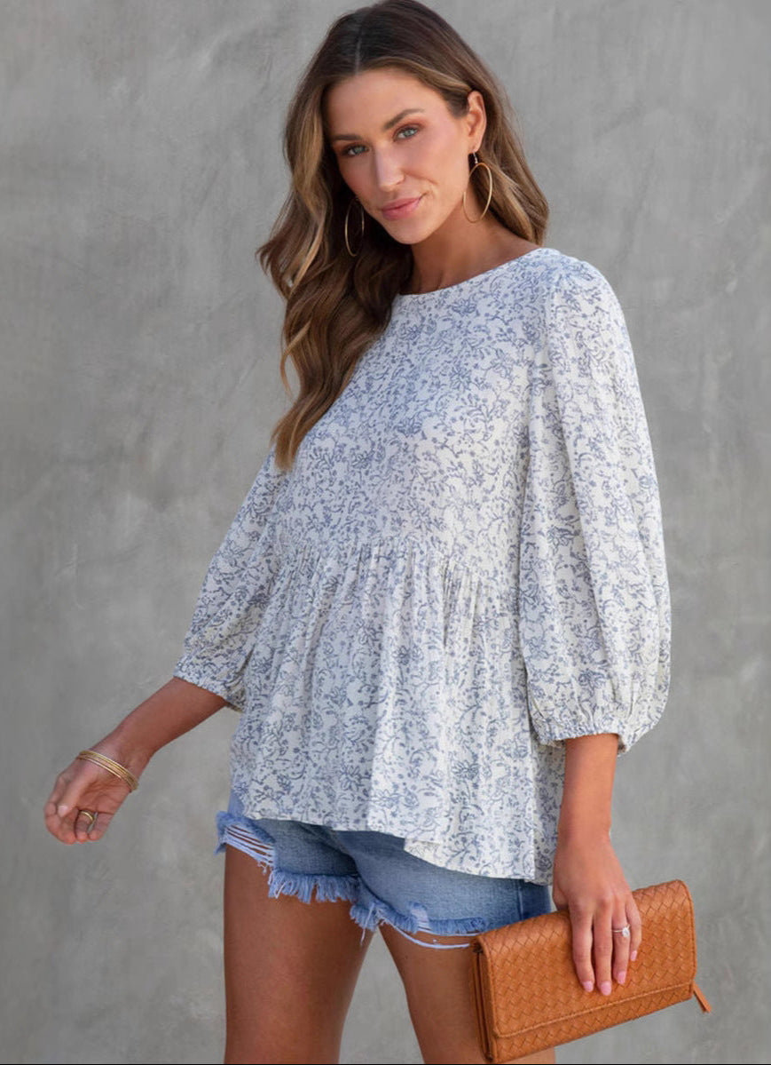 Floral Print Lantern Sleeve Loose Blouse
