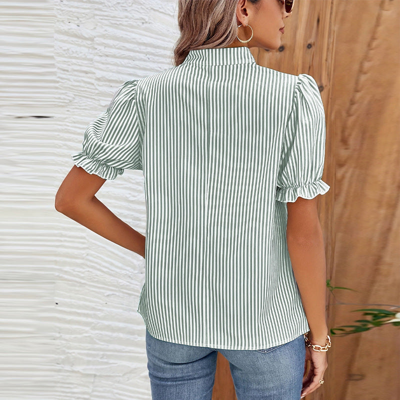 Striped Shirt Lantern Short Sleeve Pullover Top