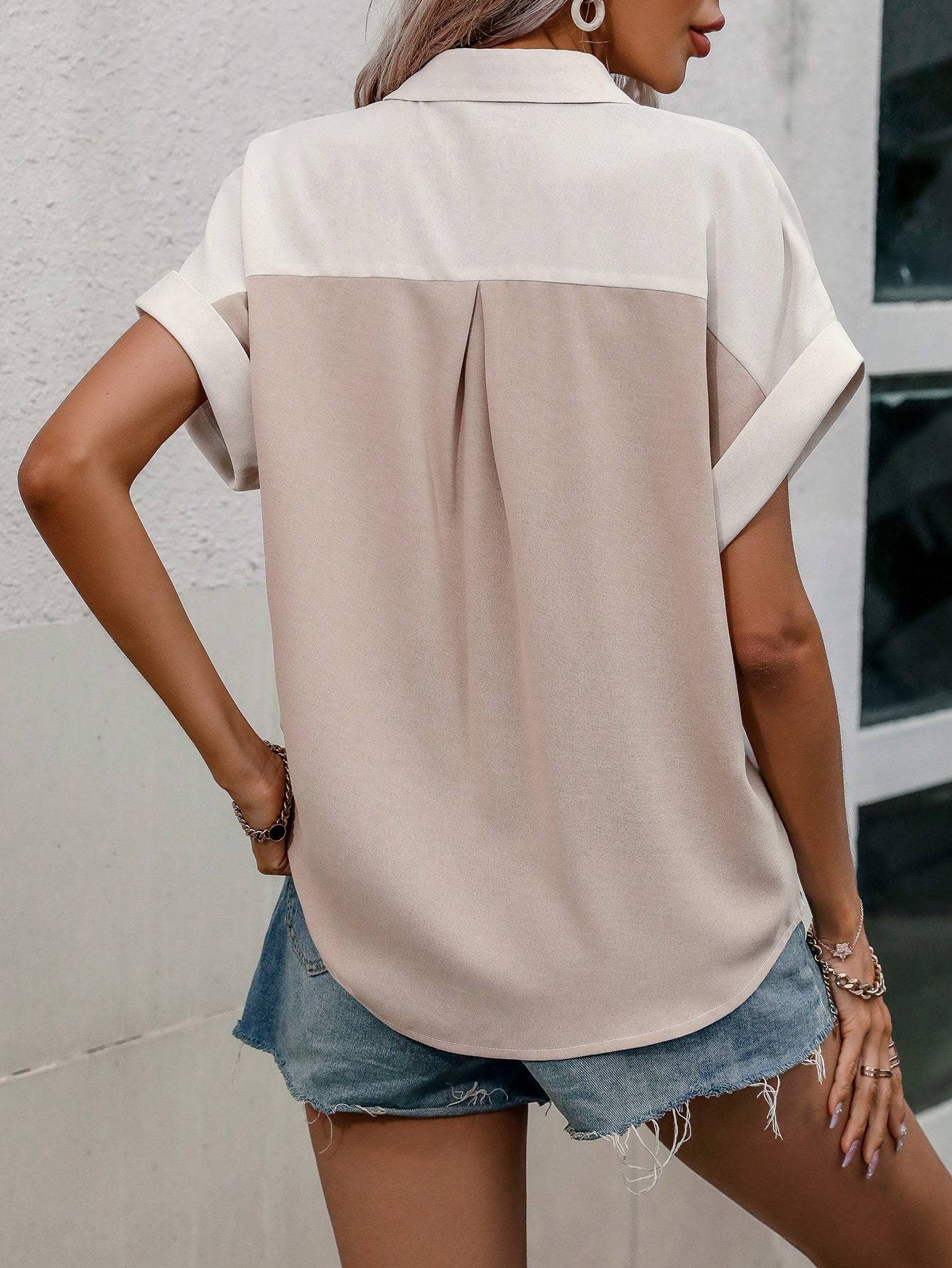 Two-Tone Batwing Sleeve Pocket Patched Shirt