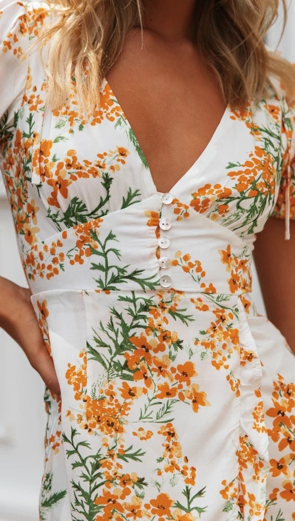 V-Neck High Waist Dress Irregular Hem with Button Detail