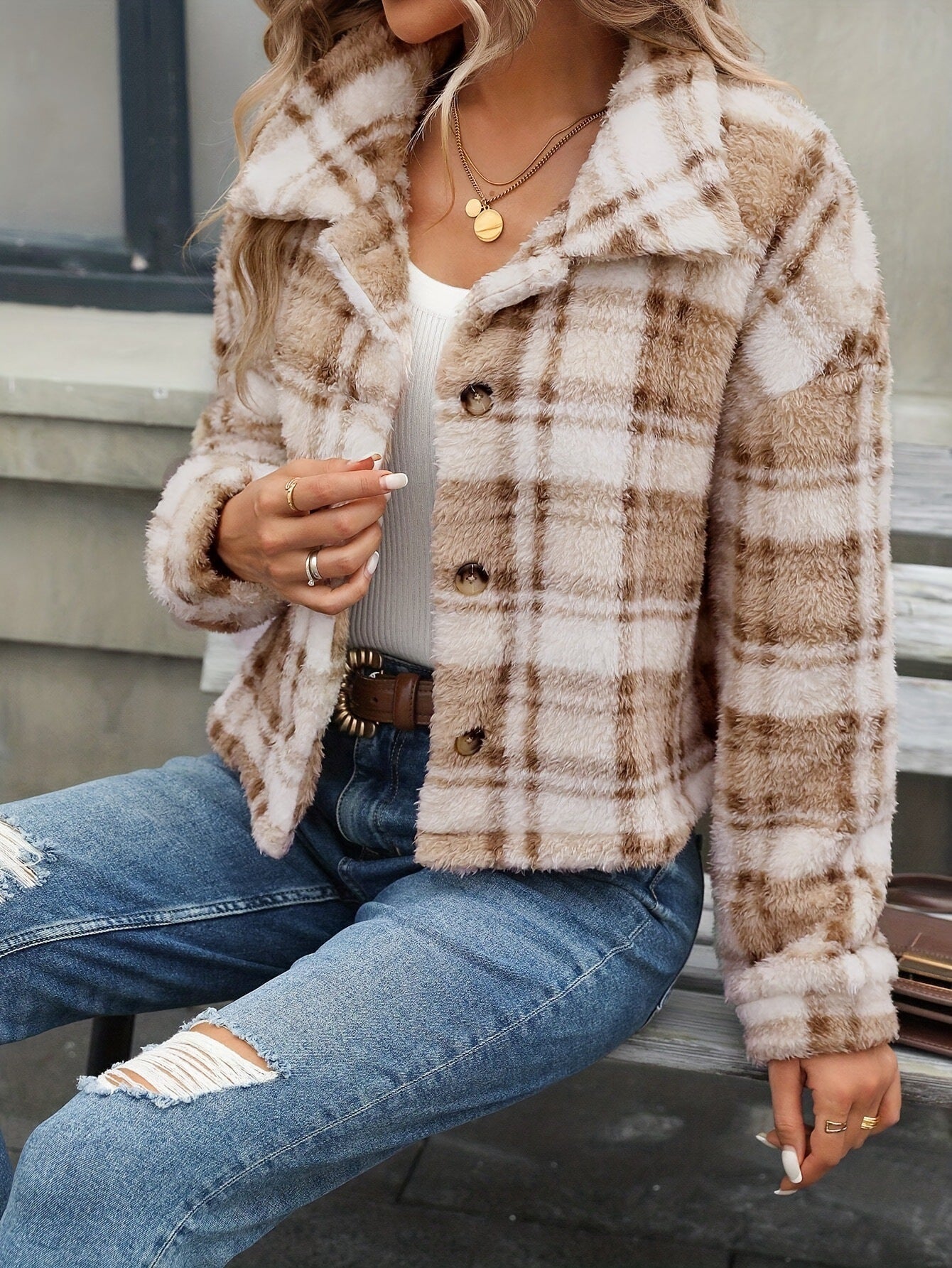 Double-Sided Plush Plaid Cardigan