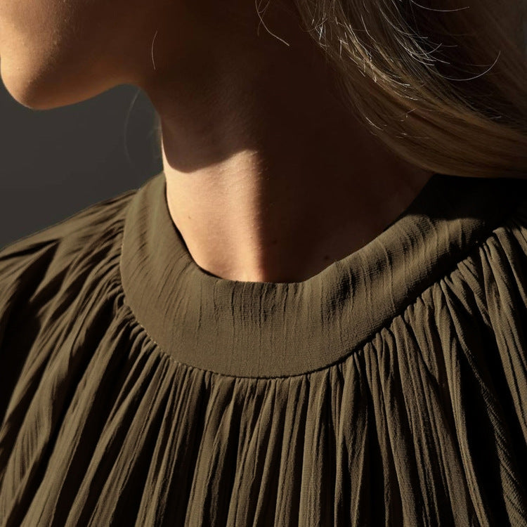 Loose Pleated Long Sleeve Dress Round Neck Waist-Tie Lace-Up