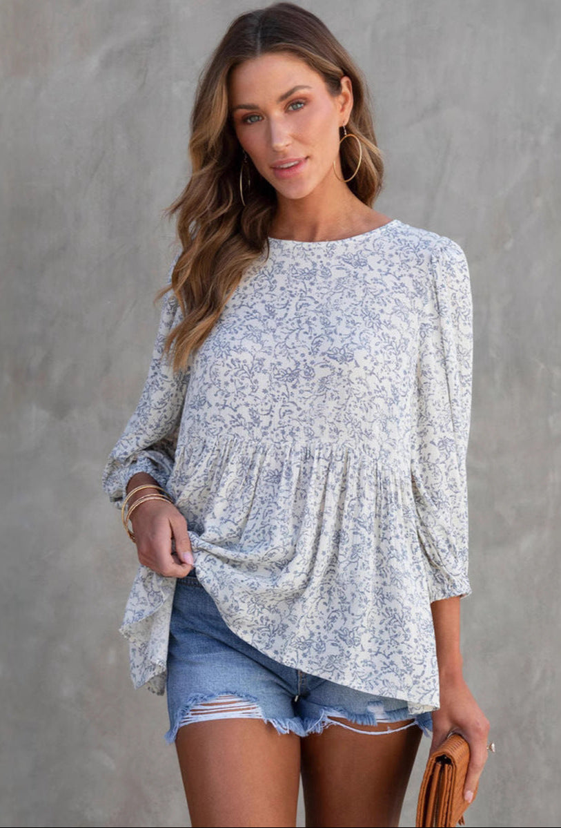 Floral Print Lantern Sleeve Loose Blouse