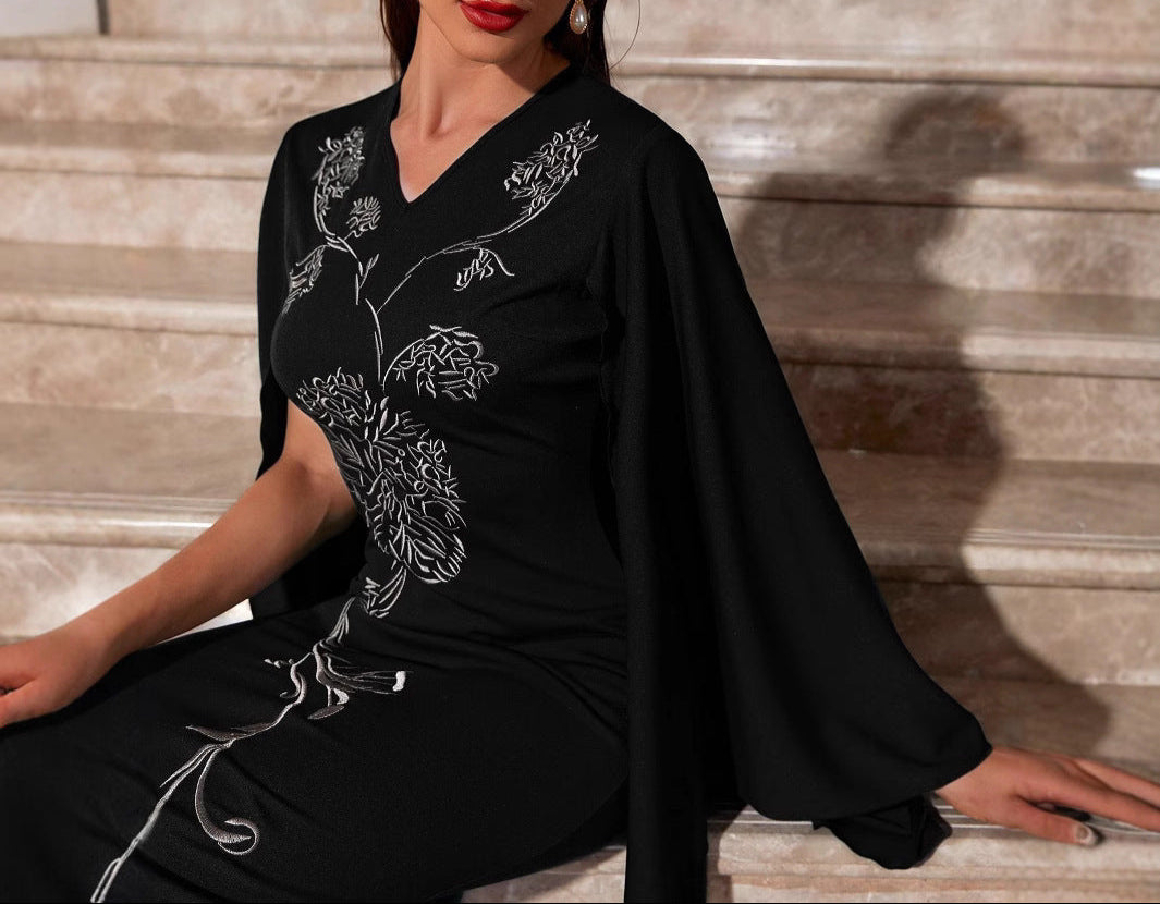 Embroidered Sheath Dress Bat Sleeve Elegant