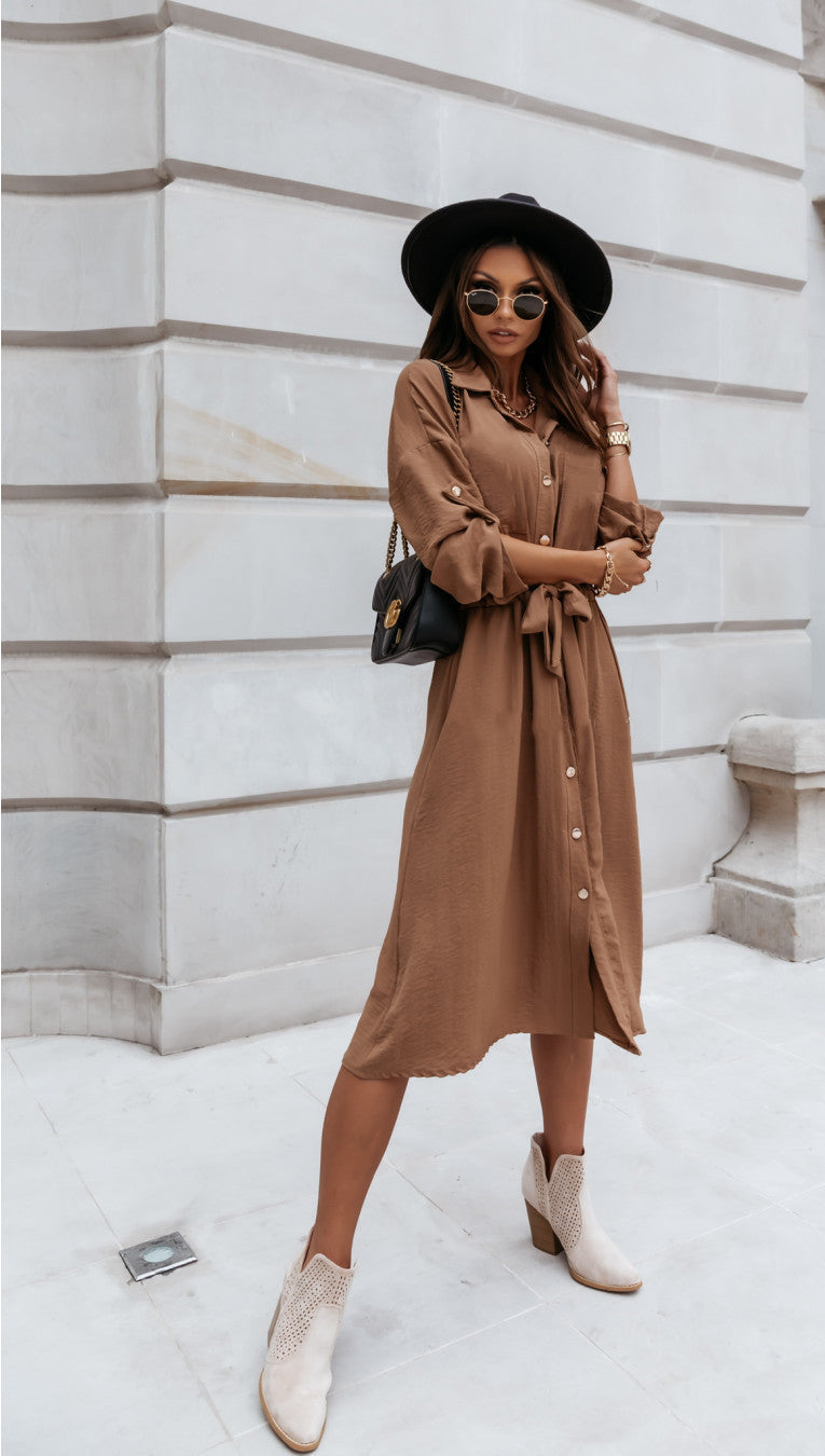V-Neck Lace-Up Dress Round Sleeve Button Waist Casual Midi Dress