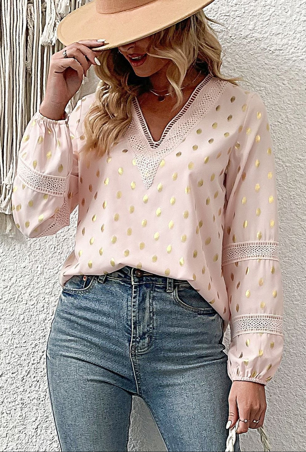 Polka Dot Blouse Hollow Lace Long Sleeve V-Neck