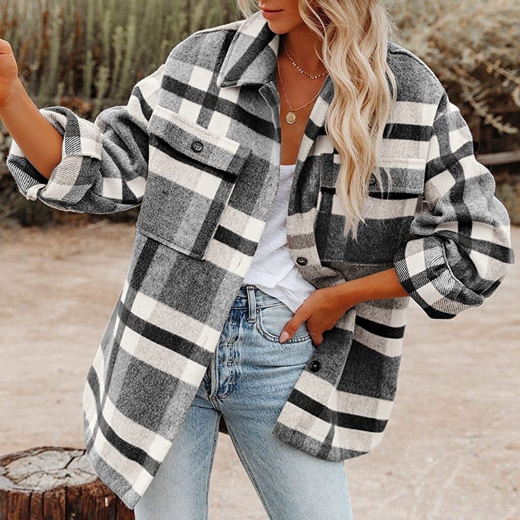 Plaid Flannel Woolen Shirt Button-Up Long Sleeve Outerwear VAYORK STARS White Black L