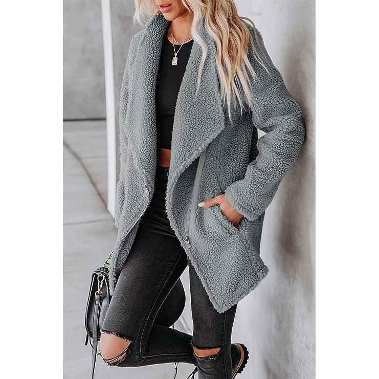 Casual Wool Lamb Jacket Zipper Pocket Fleece Coat