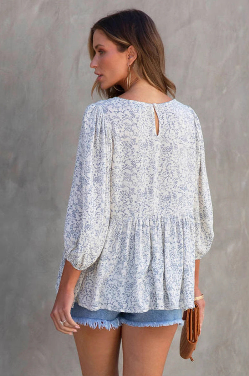 Floral Print Lantern Sleeve Loose Blouse