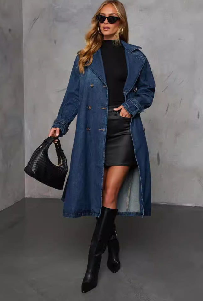 Retro Denim Wide Trench Coat Fashionable Casual Elegant Long Coat