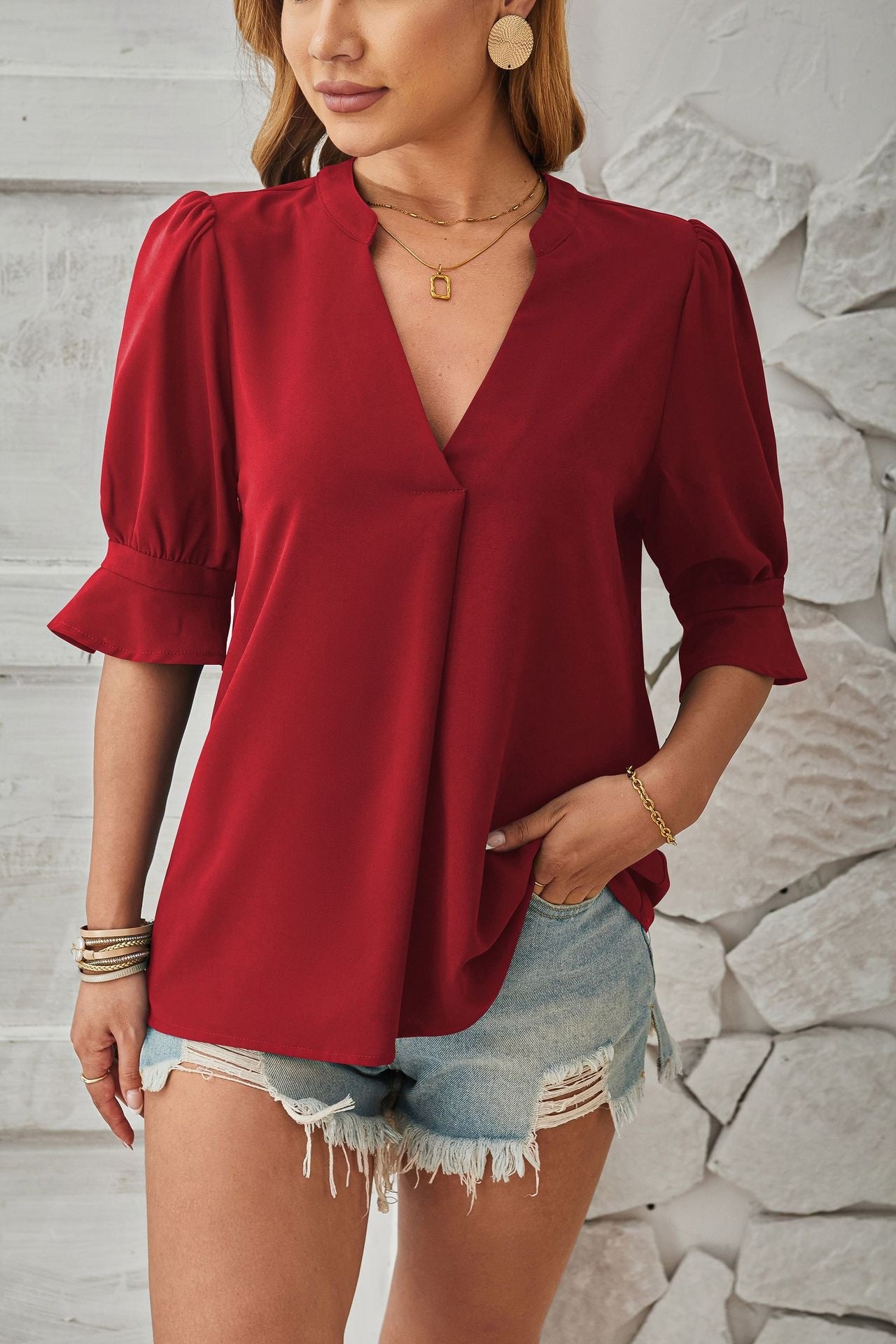 V-Neck Mid-Sleeve Casual Top – Comfortable & Breathable