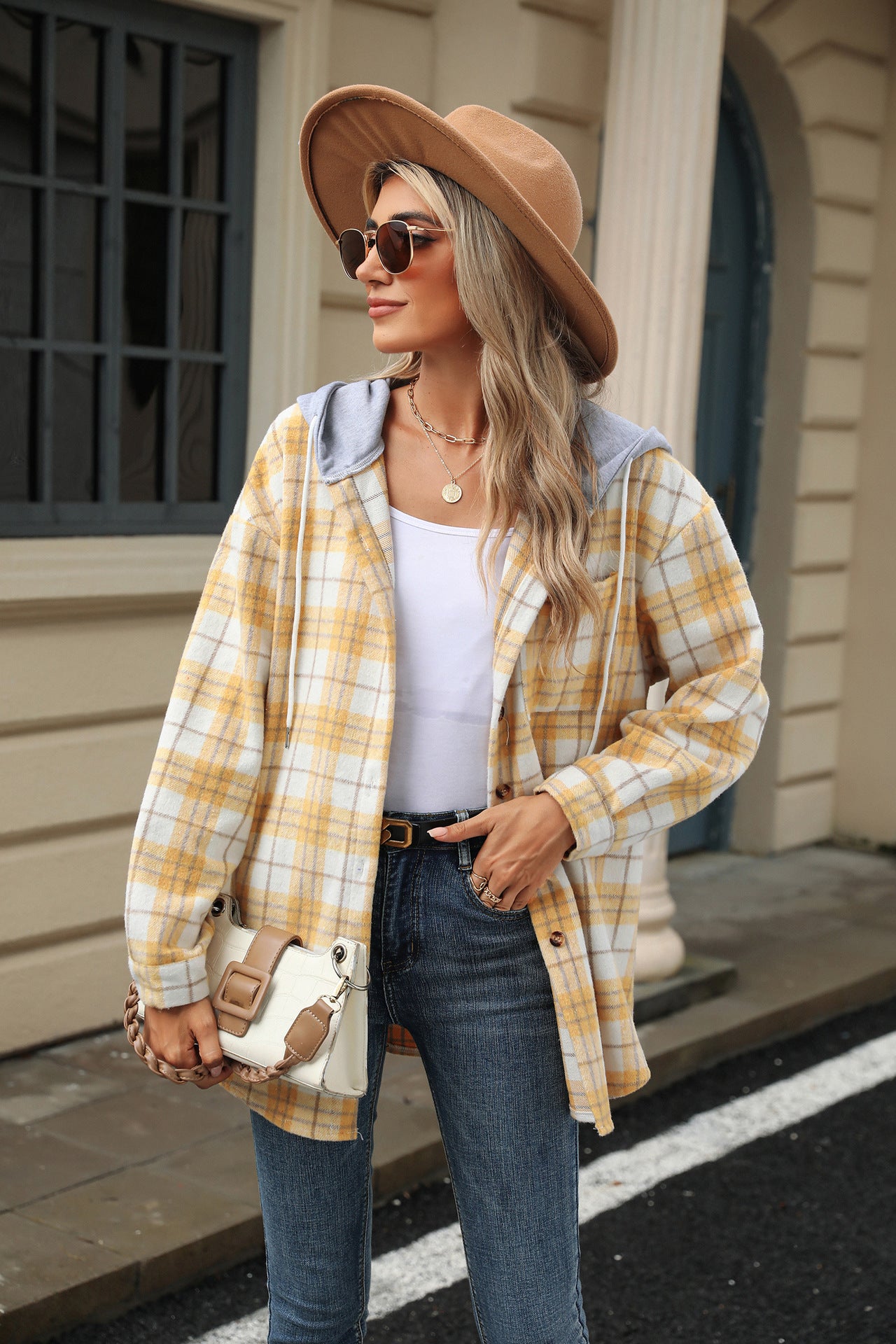 Hooded Multi-button Plaid Long Sleeve Loose Woolen Coat