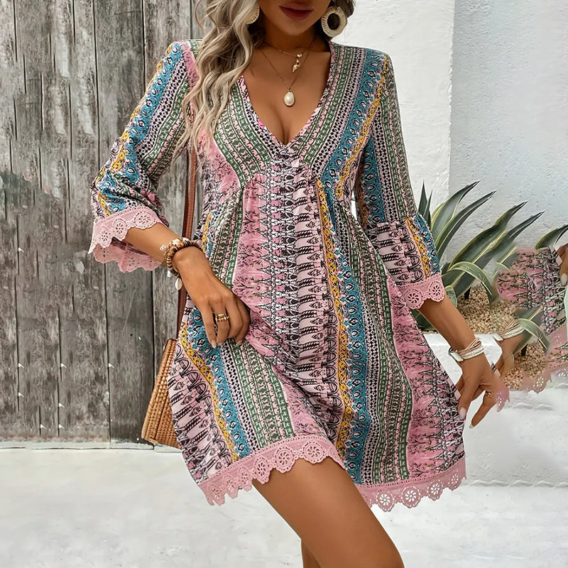 V-Neck Printed Summer Dress Lace Trim Boho Chic Sundress