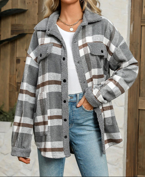 Plaid Velvet Jacket Polo Collar