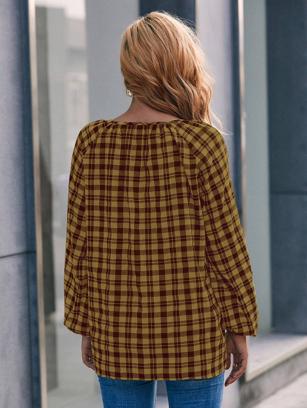 Casual Loose Fit Long-Sleeve Check V-Neck Tie Front Shirt Top