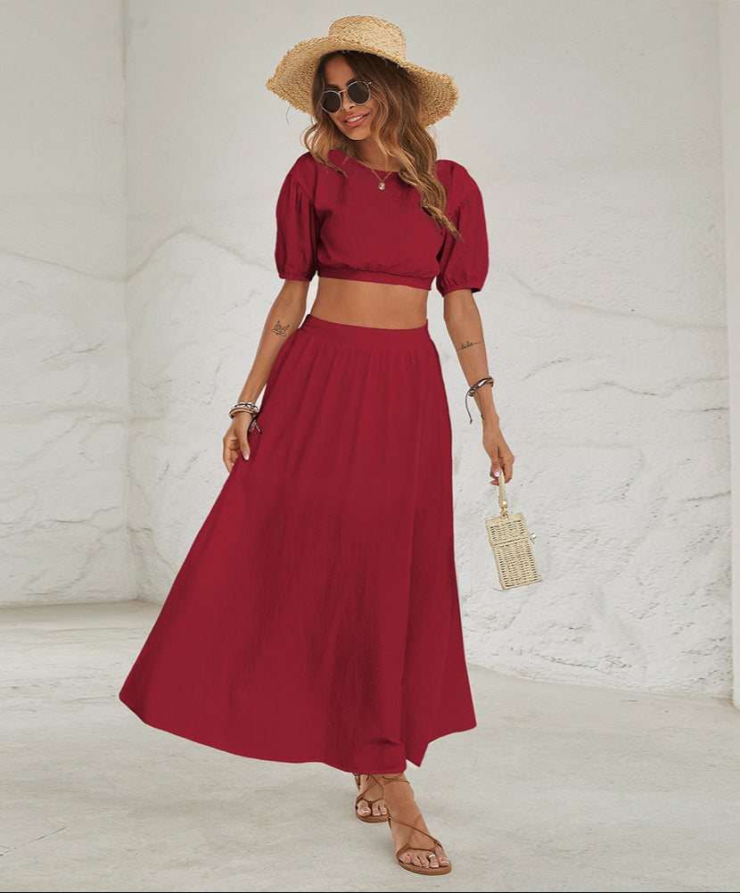 Two-Piece Outfit Solid Midi Skirt Fashion Set