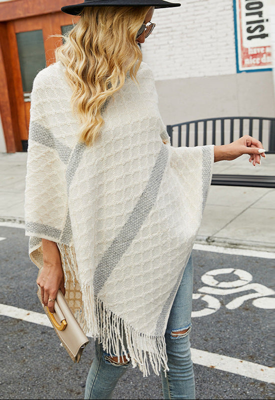 Shawl Cloak Fur Collar Fringed Hem Cardigan