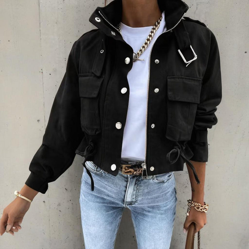 Stand Collar Long Sleeve Jacket Button & Zipper Short Coat with Pockets