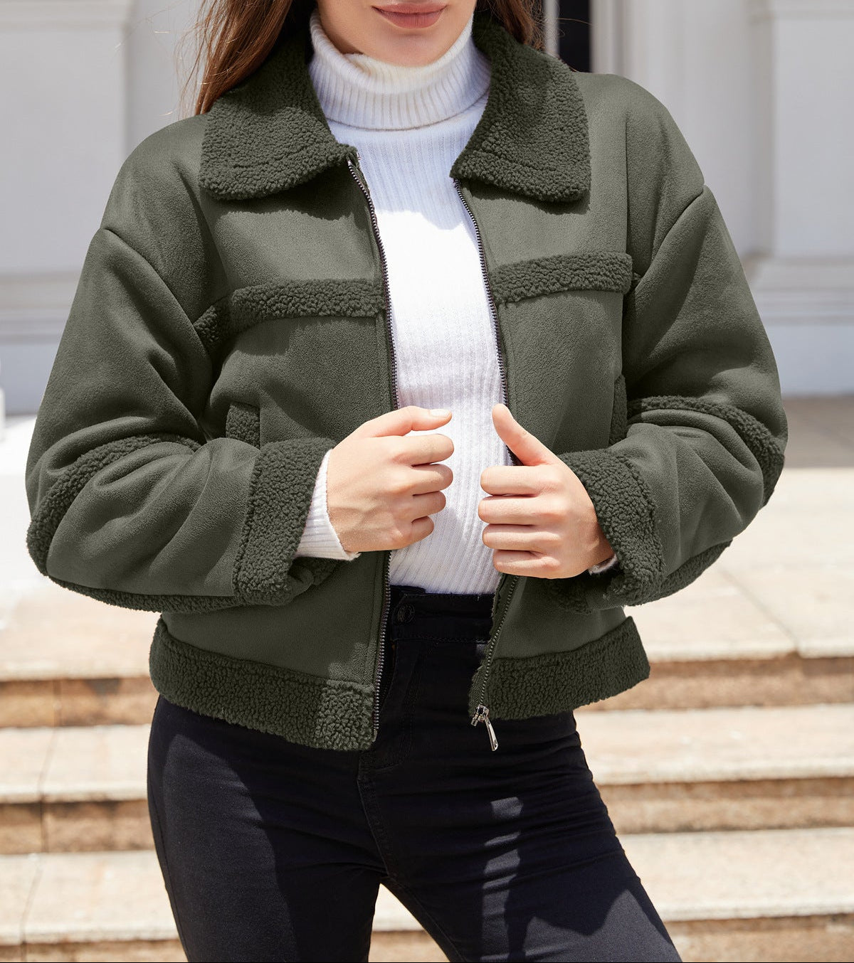 Suede Fleece Leather Jacket Fashionable Warm