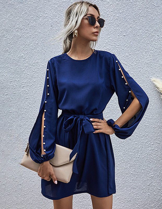 Long Sleeve Beaded Round Neck Belt Dress