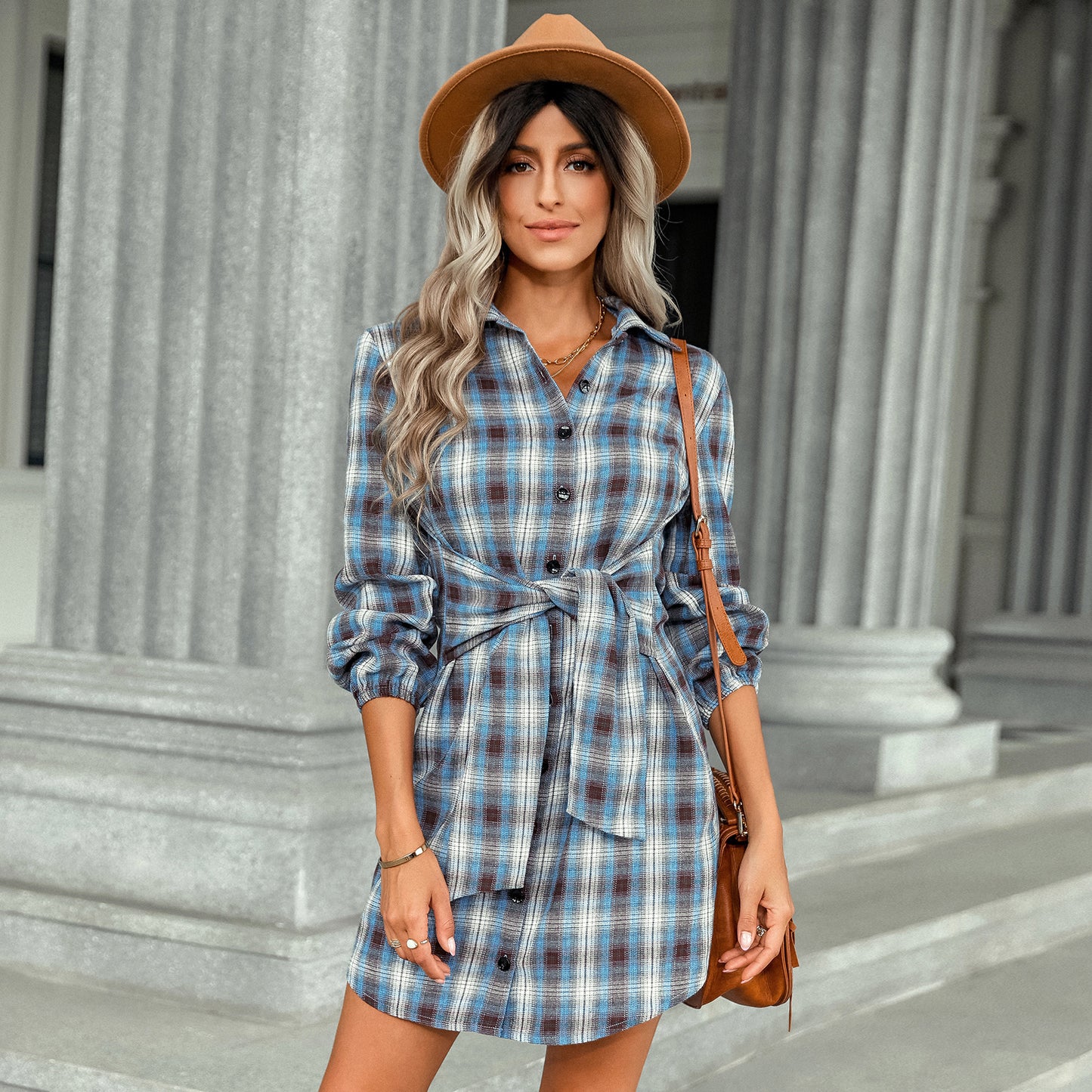 Tie-Up Waist Shirt Plaid Dress