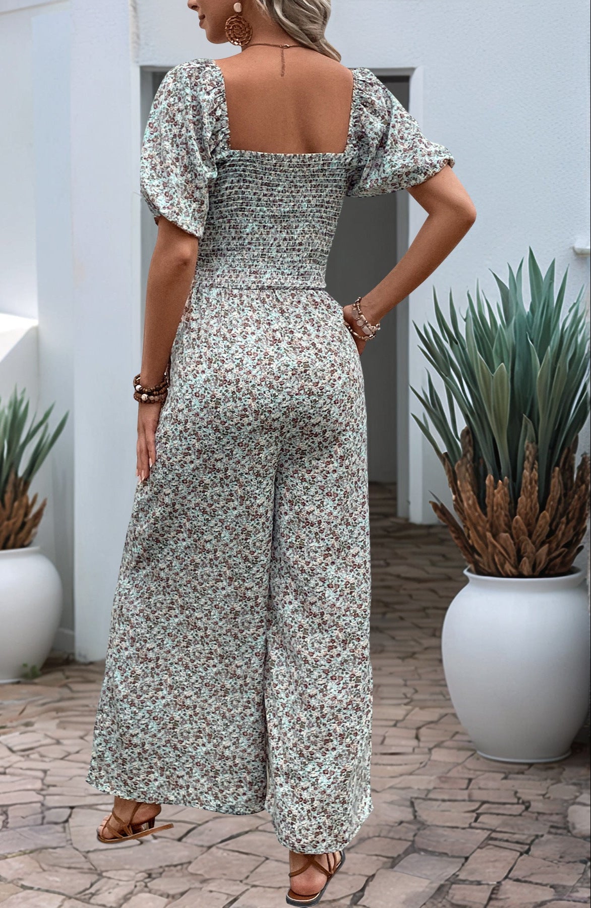 Floral Jumpsuit Square Collar Puff Sleeve